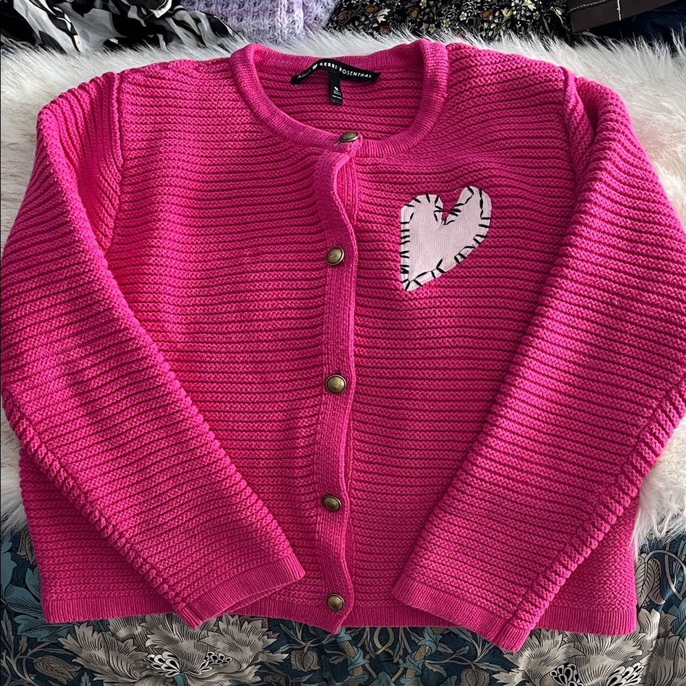 Aqua Hot Pink Knit Cardigan with Heart Patch